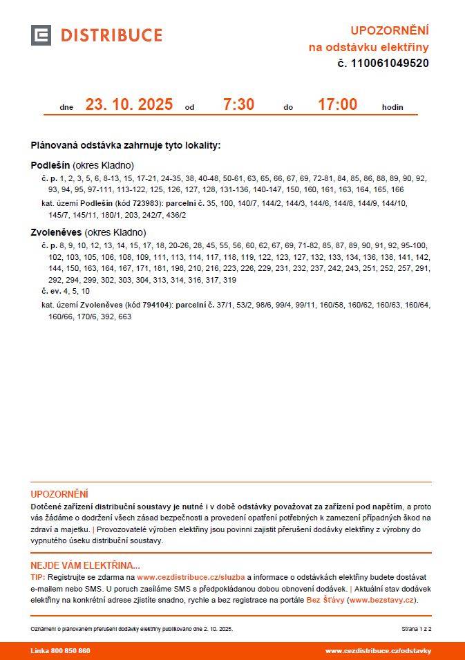 Oznámení o přerušení dodávky elektrické energie dne 23. 10. 2025 od 7:30 do 17:00