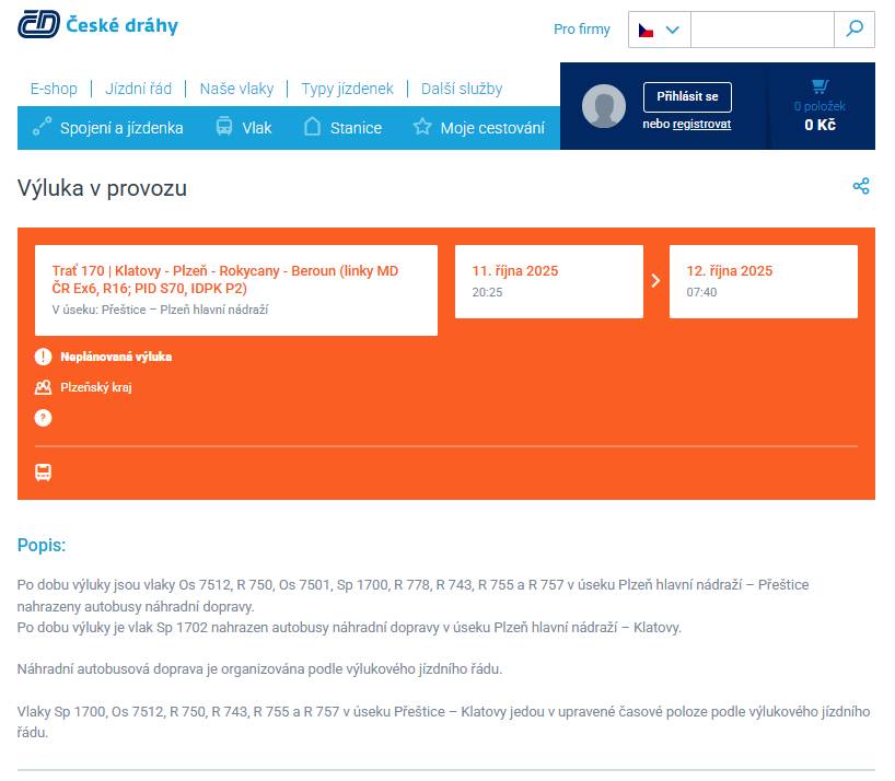 Výlukový jízdní řád pro nepředpokládanou výluku v úseku Plzeň hl.n. - Přeštice - Klatovy ve dnech 11. a 12.10. 2025
