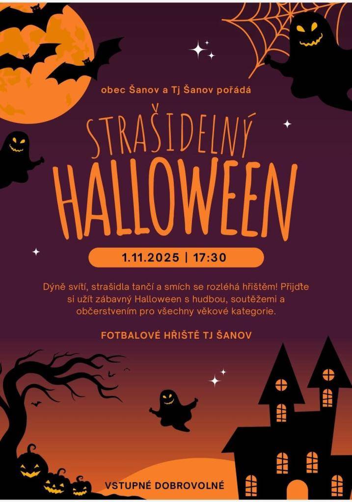 Přijďte na zábavný Halloween do Šanova, který se koná 1. listopadu 2025 od 17:30 hod.. Akce se uskuteční na fotbalovém hřišti TJ Šanov a nabídne hudbu, soutěže a občerstvení pro všechny věkové kategorie.