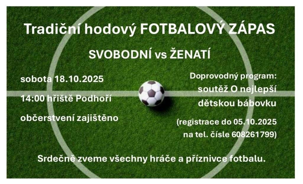 Osadní výbor Podhoří zve v sobotu 18. října od 14:00 hodin na hřiště v Podhoří na Tradiční hodový fotbalový zápas.
