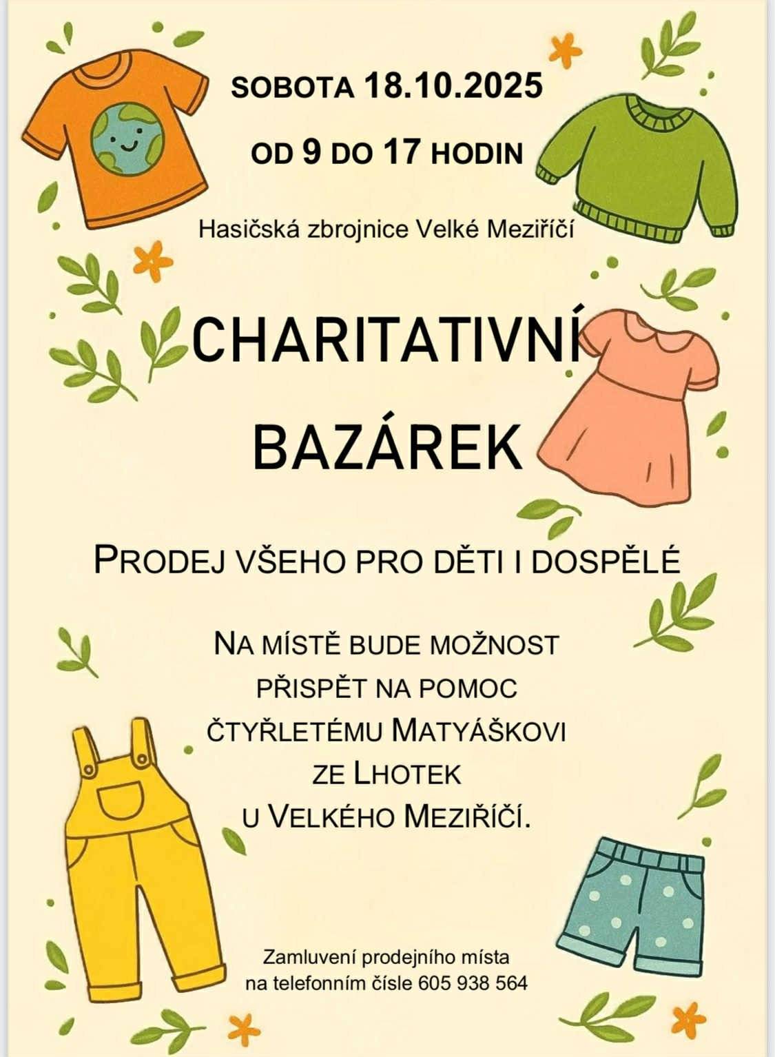 Charitativní bazárek v sobotu 18.10.2025.