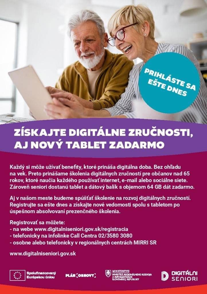 Dobrý deň,   koncom októbra 2025 sa bude v Skalici otvárať kurz digitálnych zručností pre seniorov vo veku od 65+. Nakoľko je ešte voľná kapacita ponúkame túto príležitosť aj pre občanov našej obce. Projekt „Zlepšovanie digitálnych zručností seniorov a distribúcia Senior tabletov“, známy aj ako Digitálni seniori, predstavuje unikátny koncept zvyšovania digitálnych zručností a povedomia o dôležitosti digitalizácie obyvateľov na Slovensku. Jeho hlavným cieľom je zlepšiť digitálne zručnosti približne 105.440 seniorom vo veku od 65 rokov a znevýhodneným osobám formou vzdelávacích školení. Ambíciou projektu je zabezpečiť vzdelávanie pre čo najväčší počet záujemcov z rôznych oblastí Slovenska čím reaguje na nízku mieru zručností a využívania informačných technológií, ktoré ešte viac posilnili dopady pandémie. V snahe rozvoja digitalizácie prichádza Plán obnovy a odolnosti Slovenskej republiky s projektom Digitálni seniori, ktorý prostredníctvom série vzdelávacích školení zlepší digitálne zručnosti a povedomie o informačných technológiách u seniorov a znevýhodnených osôb.  Účastníkmi projektu Digitálni seniori môžu byť občania Slovenskej republiky, ktorí sú radení medzi:  - seniorov vo veku od 65 rokov alebo, - zdravotne znevýhodnení vo veku od 18 rokov.  Po úspešnom ukončení vzdelávacieho školenia budú vyškoleným absolventom poskytnuté tablety s dátovými balíkmi na rozvoj získaných zručností a zvýšenie motivácie využívania elektronických služieb a e‑learningových školení.  Projekt je realizovaný Ministerstvom investícií, regionálneho rozvoja a inovácií SR ako investícia č.7 Komponentu 17 (Digitálne Slovensko) Plánu obnovy a odolnosti SR.  Základné podmienky projektu:  • školenia sa môžu zúčastniť seniori, ktorí sú občanmi Slovenskej republiky a v deň vyplnenia registračného formuláru dovŕšia vek 65 rokov, • školenia sa môžu zúčastniť aj znevýhodnené skupiny občanov Slovenskej republiky, ktorí v deň vyplnenia registračného formuláru dovŕšia vek 18 rokov, • školenia pozostávajú z 5 stretnutí (4 základné a 1 špeciálne – nadstavbové). Pre úspešné absolvovanie školenia je nevyhnutné zúčastniť sa 4 stretnutí, pričom účasť na prvom a poslednom stretnutí je povinná, • po úspešnom ukončení vzdelávacieho školenia budú vyškoleným absolventom poskytnuté tablety s dátovými balíkmi na rozvoj získaných zručností a zvýšenie motivácie využívania elektronických služieb a e‑learningových školení. Záujemcovia sa môžu registrovať nasledovne:  • vyplniť formulár na webovej stránke v časti „Registrácia“    https://registracia.digitalniseniori.sk/  • telefonicky kontaktovaním infolinky Call-centra na telefónnom čísle 02/35 80 30 80,   Viac informácií k projektu nájdete na stránke https://www.digitalniseniori.gov.sk/.