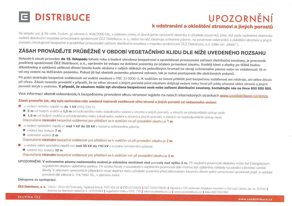Výzva k odstranění a okleštění stromoví a jiných porostů