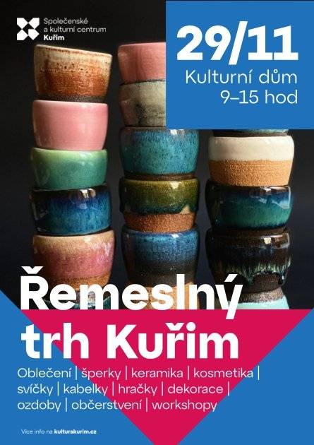 Kulturní dům v Kuřimi v sobotu 29.11.2025 od 09:00 do 15:00 hod. Nabídka široké škály ručně vyráběného zboží, například oblečení, šperky, keramika, kabelky a bytové dekorace.