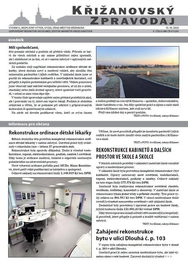 Na stránkách městyse bylo zveřejněno aktuální číslo Křižanovského zpravodaje 4/2025 ON-LINE VERZE