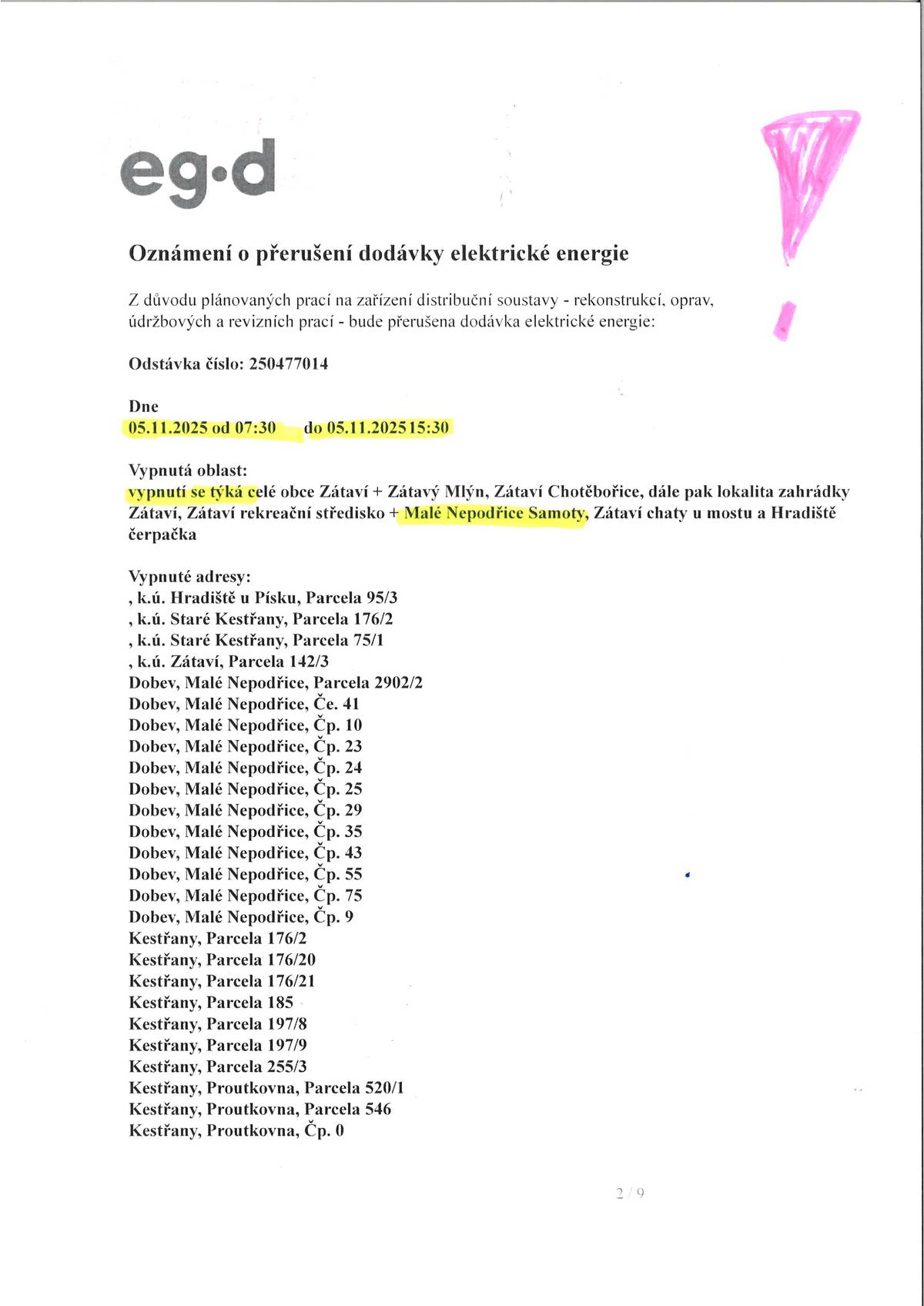 Ve středu 5. 11. 2025 bude v Malých Nepodřicích bezproudí od 7:30 - 15:30 hodin.