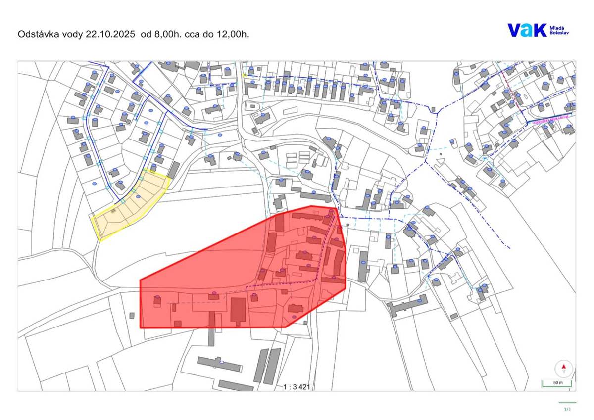 Ve středu 22.10.2025  8:00 - 12:00 hod.  Z důvodu přepojování vodovodních přípojek    viz. mapka