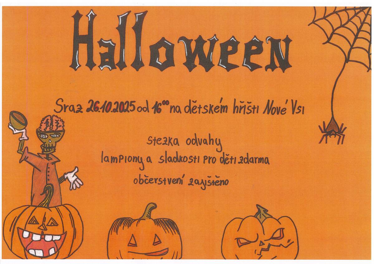 Srdečně zveme všechny na Halloween, který se uskuteční v neděli 26.10.2025 od 16,00 hodin na dětském hřišti.  Těšíme se na všechny!