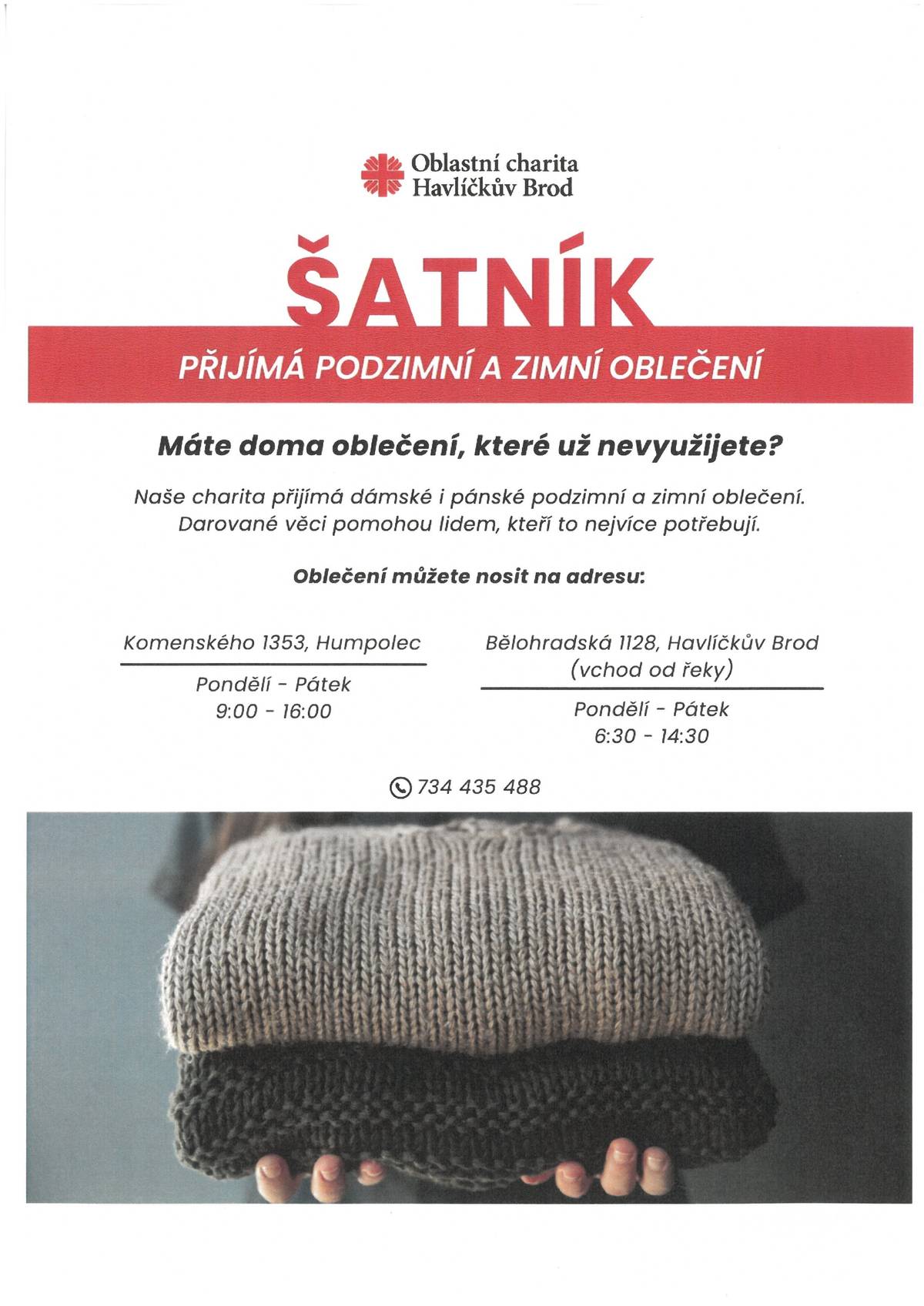 Oblastní charita Havl.Brod-ŠATNÍK - přijímá podzimní a zimní oblečení. Bližší info viz.přiložený letáček