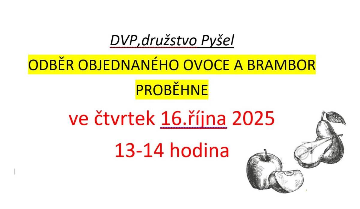 Ve čtvrtek 16.10.2025 si můžete vyzvednout v DVP Pyšel vaše objednávky. Zboží bude připraveno mezi 13 a 14 hodinou.