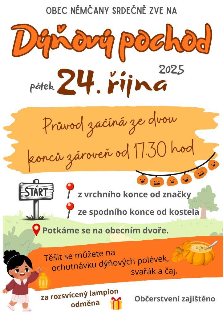 Obec Němčany srdečně zve na Dýňový pochod, který se uskuteční v pátek 24. října. Průvod začíná ze dvou konců zároveň od 17.30 hod. Z vrchního konce od značky a ze spodního konce od kostela. Průvod se potká na obecním dvoře.   Těšit se můžete na ochutnávku dýňových polévek, svařák a čaj.