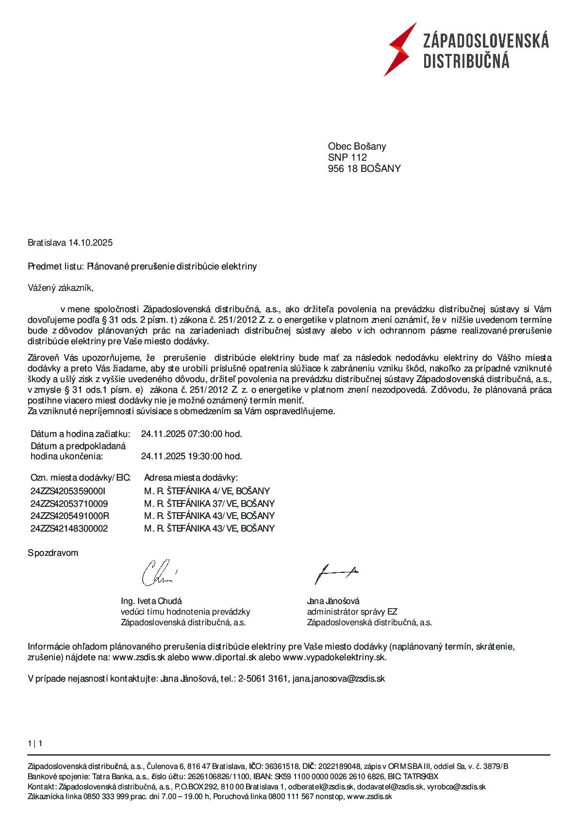 Oboznámenie verejnosti o prerušení dodávky distribúcie elektriny dňa 24.11.2025 od 07.30 hod do 19.30 hod - viď oznam