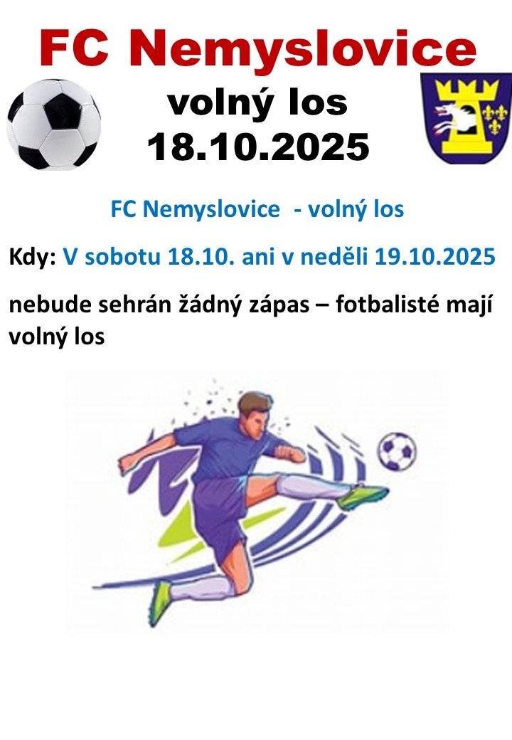 FC Nemyslovice o tomto víkendu nehraje další mistrovský zápas. Vzhledem k počtu týmů mají volný los. Soutěž bude pokračovat následující víkend 26.10.2025 zápasem  s TJ Žerčice na jejich hřišti.