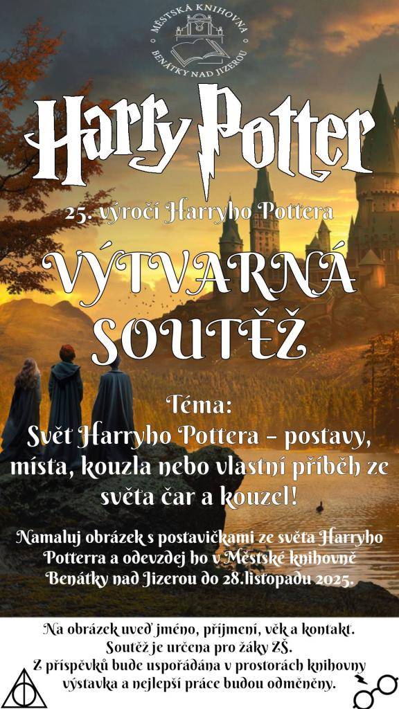 Při příležitosti 25. výročí od prvního českého vydání knihy Harry Potter Městská knihovna Benátky nad Jizerou vyhlašuje výtvarnou soutěž!