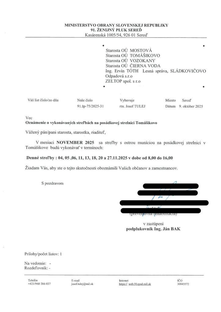 Oznámenie o vykonaní výcviku na strelnici v Tomášikove - streľby s ostrou muníciou - november 2025