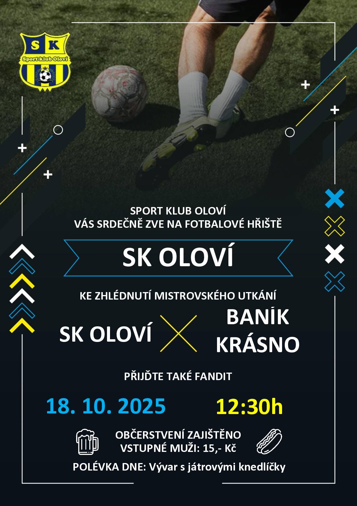 Sport klub Oloví Vás srdečně zve na fotbalový zápas, který se uskuteční v sobotu 18.10.2025 od 12:30 hod. na fotbalovém hřišti v Oloví.