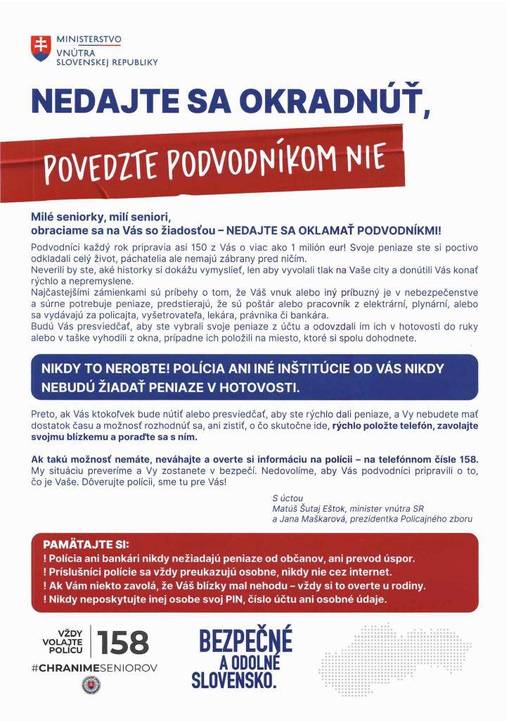 Milé seniorky, milí seniori,  obraciame sa na Vás so žiadosťou - NEDAJTE SA OKLAMAŤ PODVODNÍKMI!