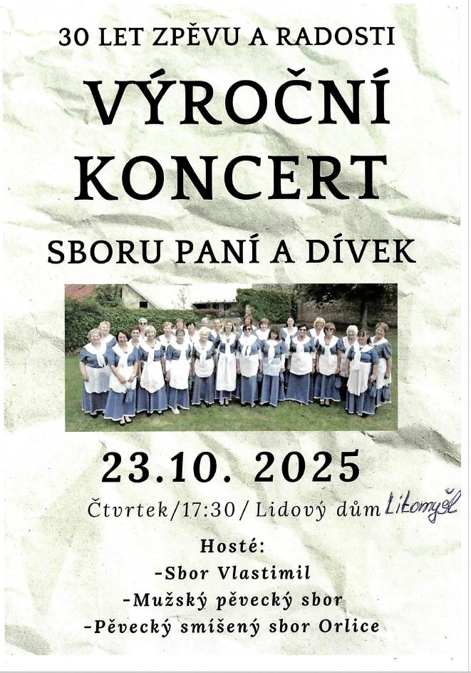 Sbor paní a dívek Vás srdečně zve ve čtvrtek 23.října od 17:30 do Lidového domu Litomyšl na večer plný hudby a radosti ze zpěvu. Přijďte si užít oslavu našeho 30. výročí společně s námi.