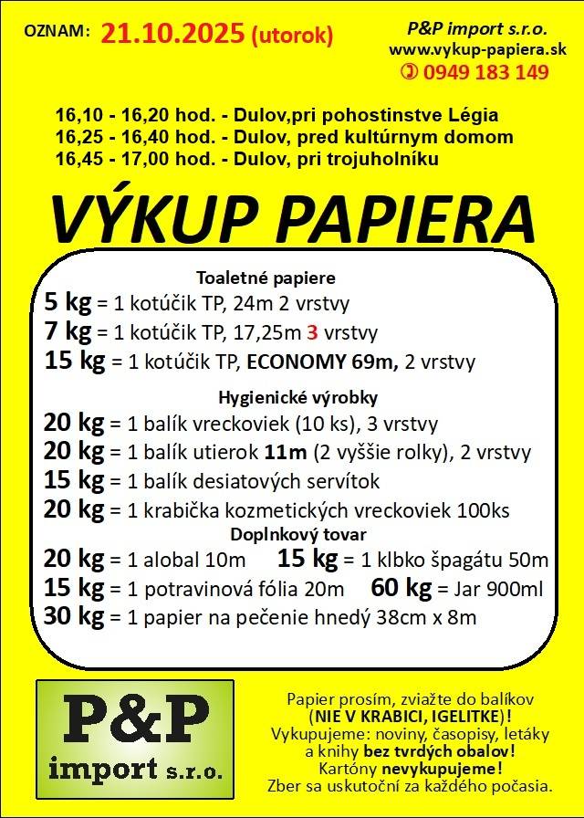 V utorok 21.10.2025 prebehne v obci výkup papiera.