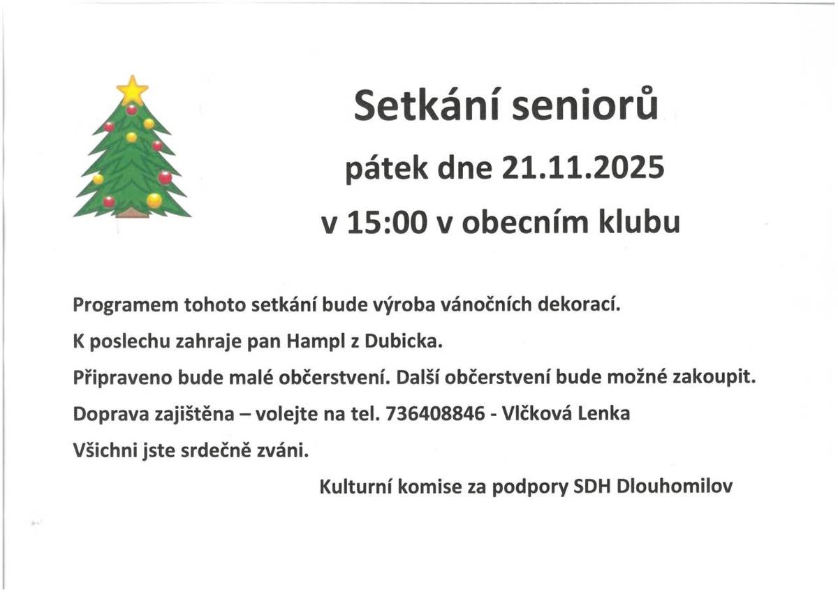pátek 21.11.2025  v 15:00 hod. v Obecním klubu