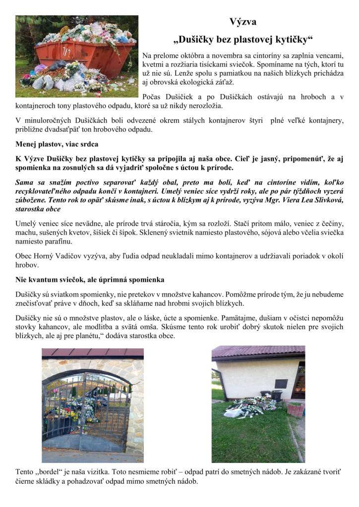 Obec Horný Vadičov sa zapája do výzvy s názvom Dušičky bez plastovej kytičky.