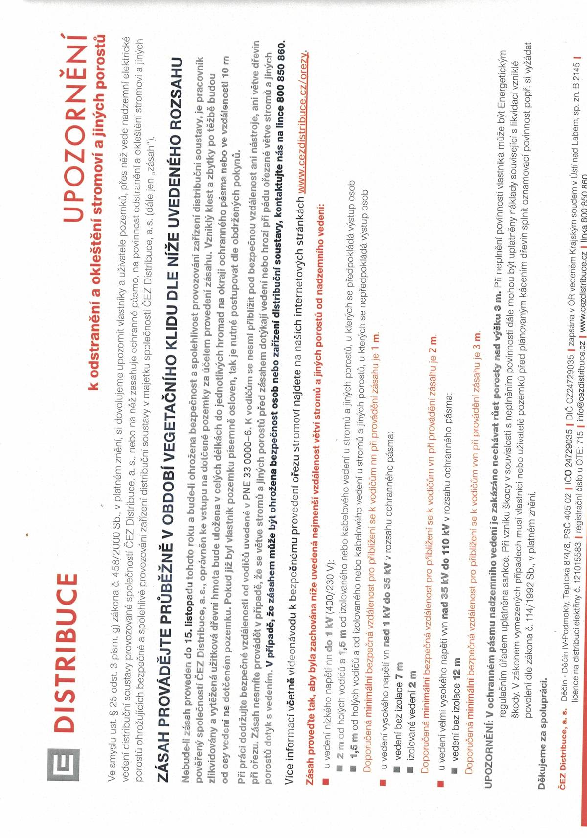 ČEZ - upozornění k odstranění a okleštění stromoví a jiných porostů