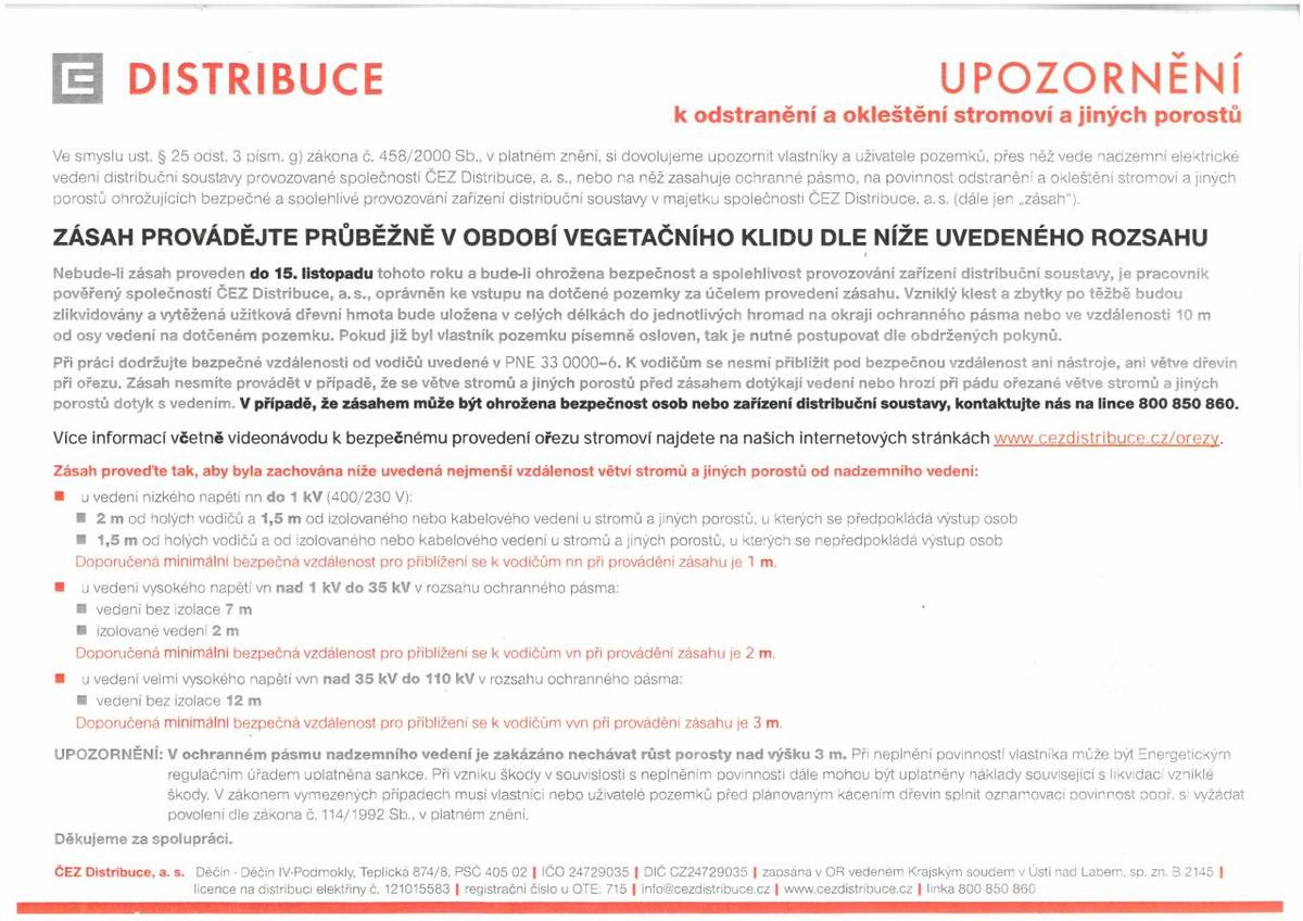 Upozornění k odstranění a okleštění stromoví a jiných porostů