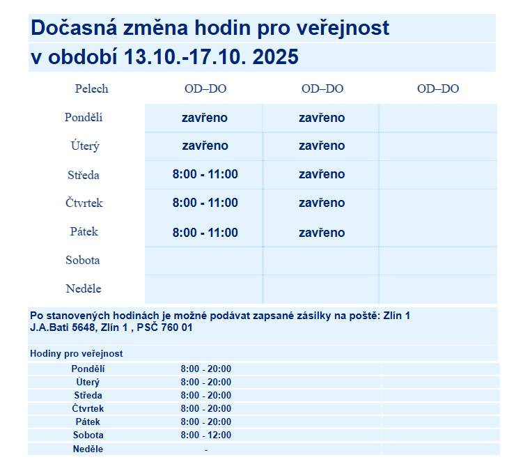 Změna hodin pro veřejnost na poště na Březůvkách od  13. - 17. 10. 2025.