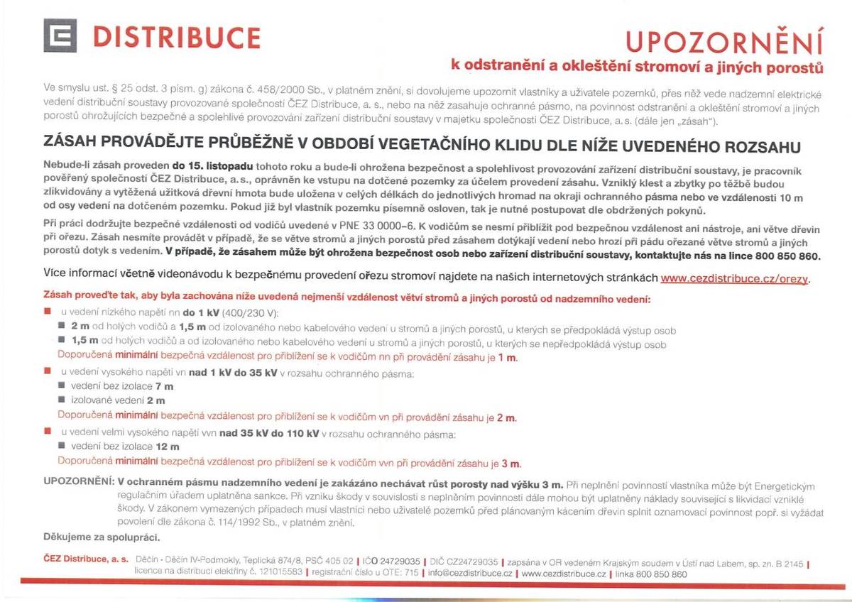 Upozornění k odstranění a okleštění stromoví a jiných porostů