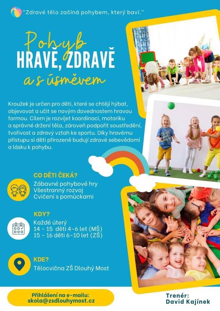 Nově pro Vaše děti otevíráme v naší tělocvičně sportovní kroužek s trenérem. Můžete své děti přihlašovat do konce října.