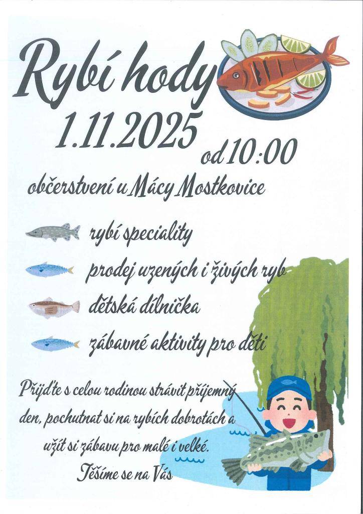 Rybí hody občerstvení u Mácy Mostkovice 1.11.2025 od 10:00