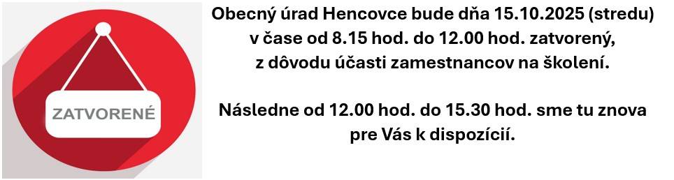 Zatvorený obecný úrad 15.10.2025 do 12.00 hodiny