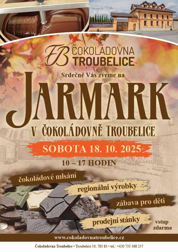 Čokoládovna Troubelice Vás srdečně zve na jarmark v sobotu 18. 10.  2025 od 10 do 17 hodin v prostorách Čokoládovny Troubelice. Občerstvení zajištěno.  Vstup zdarma.