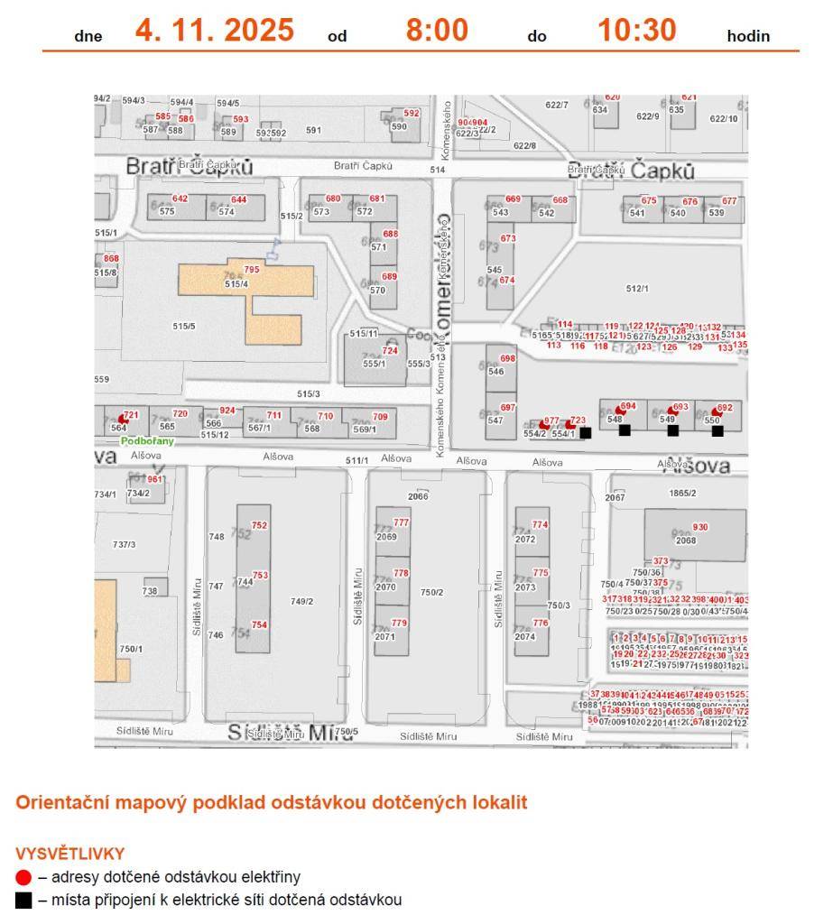 Dne 04.11.2025 od 8:00 od 10:30 bude plánovaná odstávka elektřiny v obci Podbořany.
