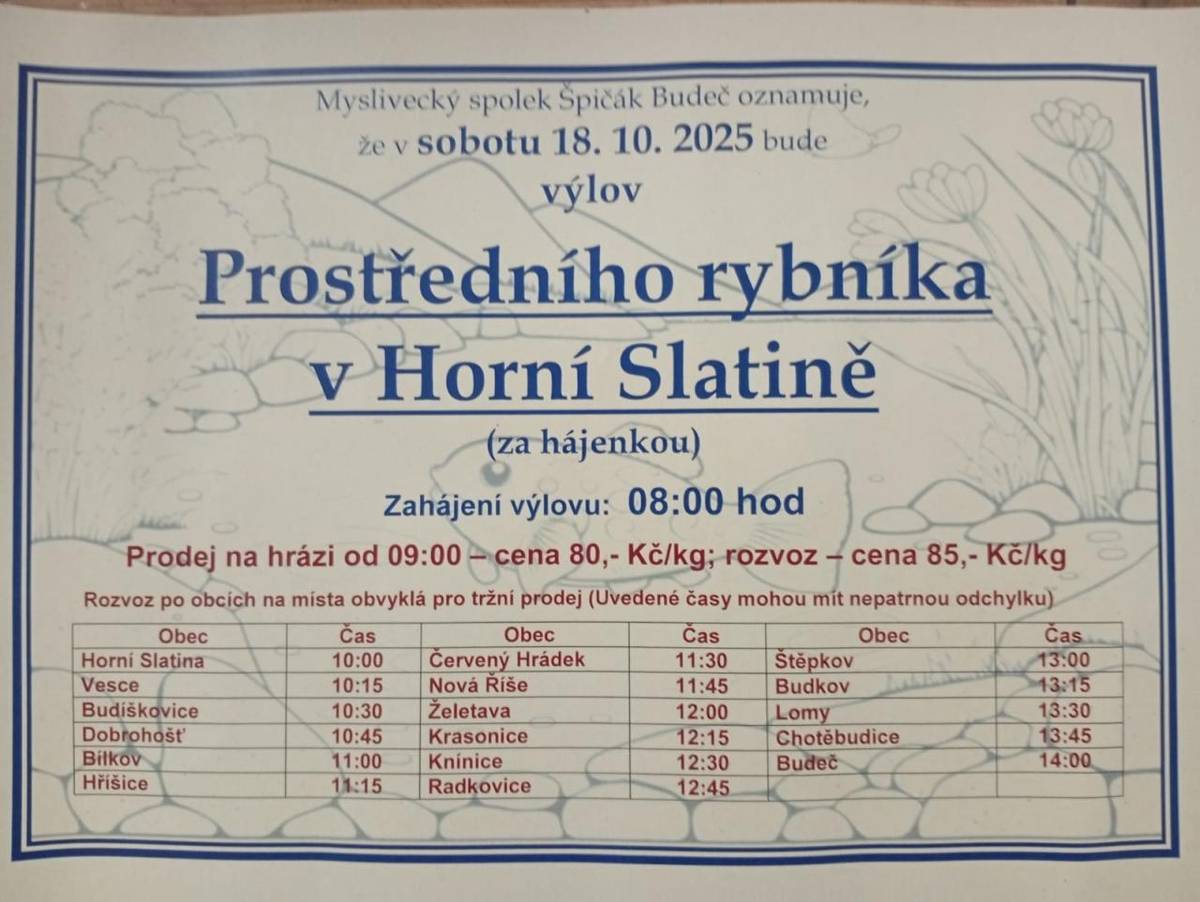 Sobota 18.10.2025 v 9 hodin prodej ryb na hrázi rybníka v Horní Slatině