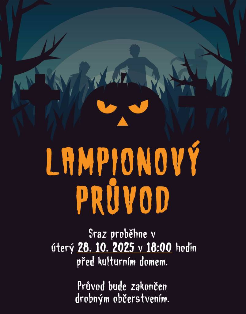 Srdečně Vás zveme na říjnový lampionový průvod!    Lampionový průvod se uskuteční v úterý 28. října od 18:00 hodin.    Nezapomeňte si přinést vlastní lampion – čím více světýlek, tím kouzelnější atmosféra!    Těšíme se na Vás!