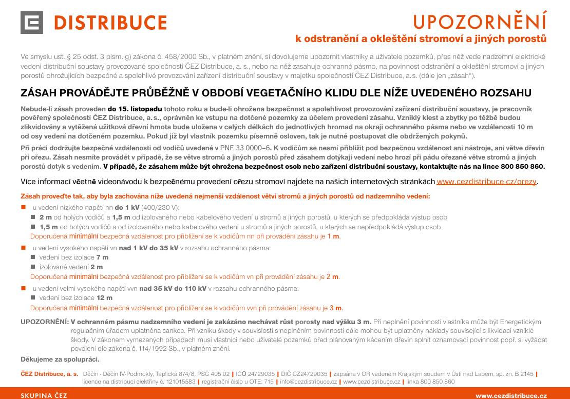 Upozornění ČEZ Distribuce k odstranění a okleštění stromoví do 15. listopadu 2025.