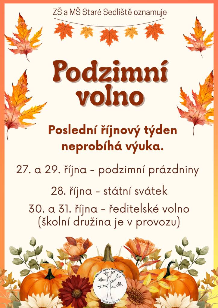 Poslední říjnový týden neprobíhá výuka, ve dnech 30. a 31. října nabízíme pro žáky 1. stupně program ve školní družině.