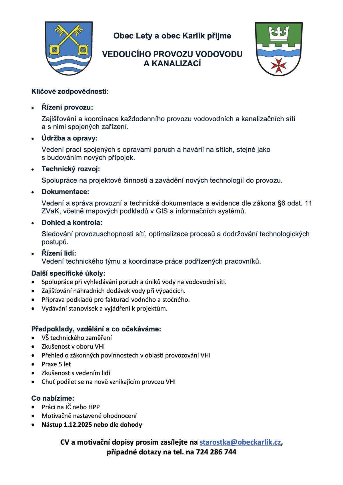 Přijmeme vedoucího provozu vodovodu a kanalizací