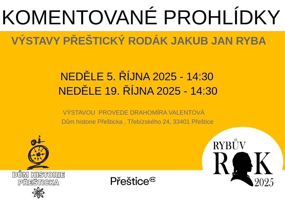Výstavou Přeštický rodák Jakub Jan Ryba Vás v neděli 19. 10. 2025 ve 14.30 provede vedoucí Domu historie Přešticka Bc. Drahomíra Valentová.