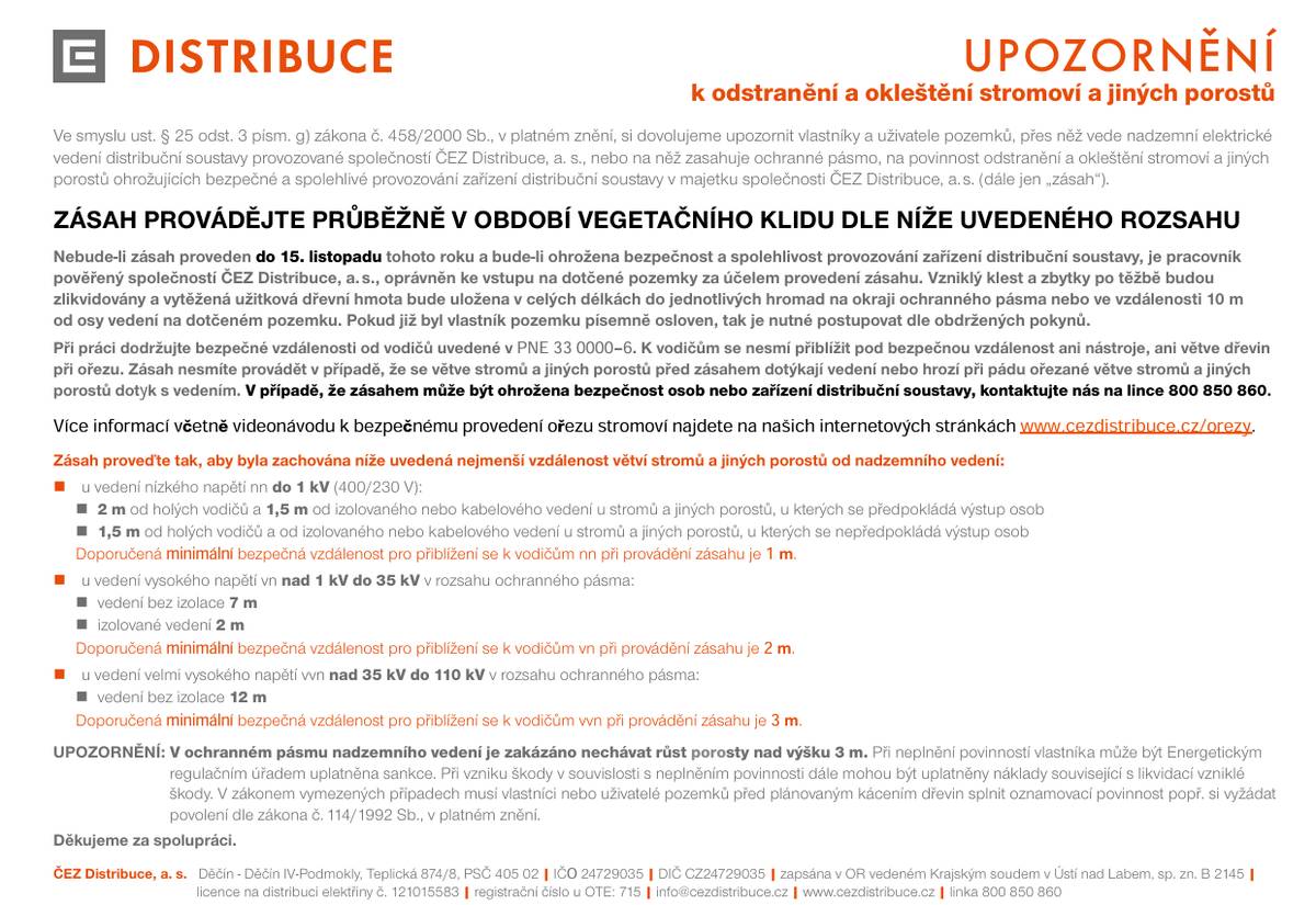 „ Upozornění k odstranění a okleštění stromoví a jiných porostů ve vegetačním období 1.11. 2025 do 31.3.2026“