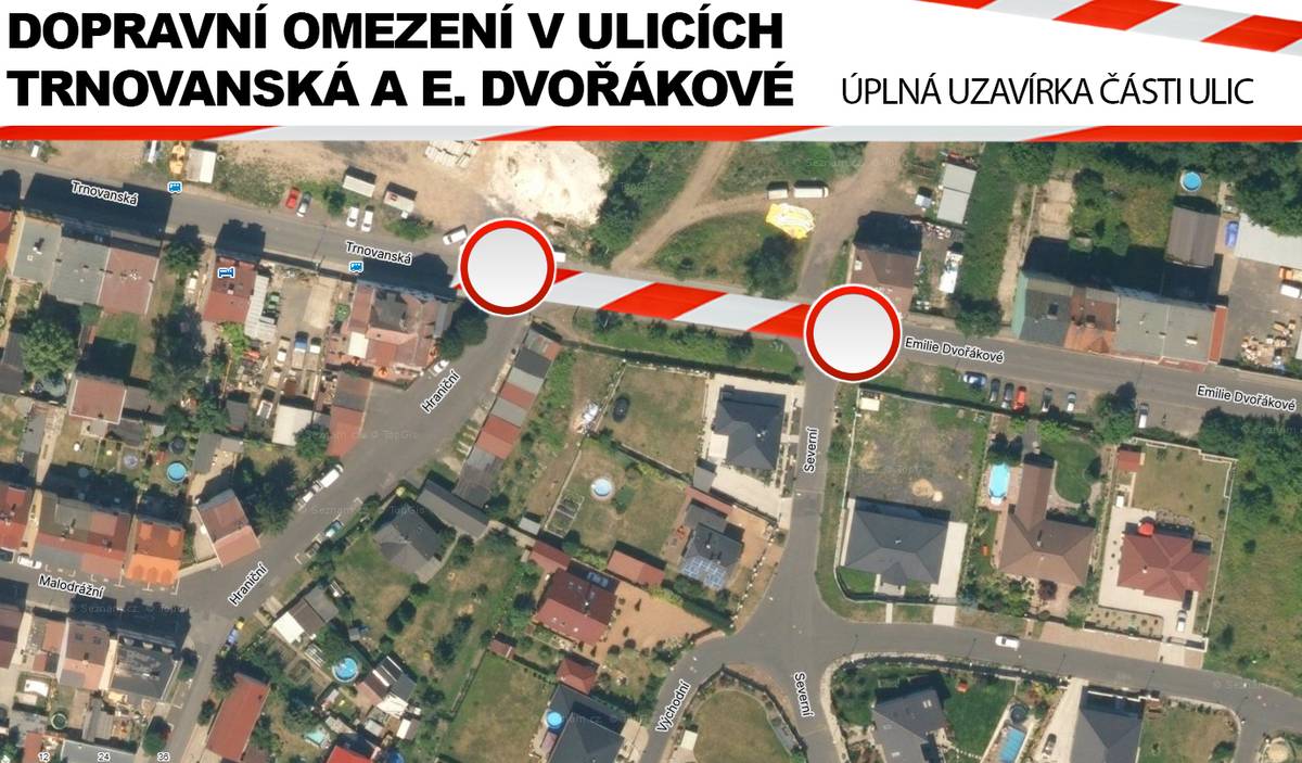 Vážení občané, v brzké době dojde k úplné uzavírce části ulice E. Dvořákové a části ulice Trnovanská v Novosedlicích. Důvodem je napojení a výstavba vodovodu pro připojení soukromého investora, který realizuje přípravu pozemků pro výstavbu rodinných domů na katastru města Teplice. 👉 Předpokládaný termín uzavírky: od cca 20. října 2025 ⏳ Doba trvání: přibližně 1 měsíc Prosíme všechny řidiče i obyvatele dotčených ulic o trpělivost a pochopení během prováděných prací. O případných změnách či přesném termínu zahájení uzavírky budeme informovat. Obec Novosedlice