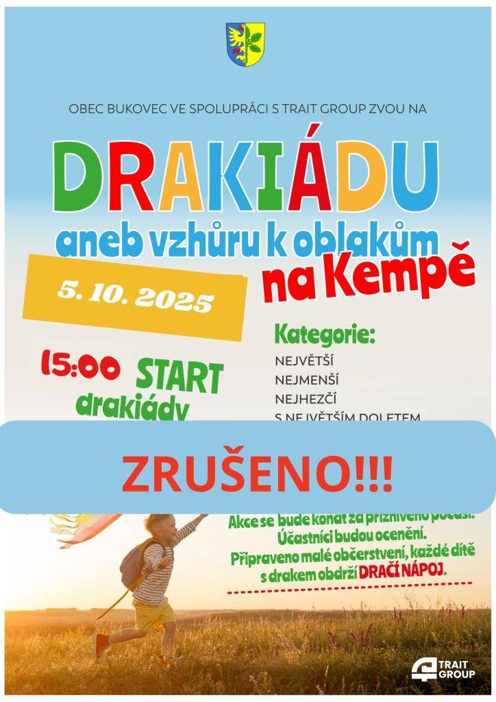 Drakiáda se bohužel ruší.    Přátelé, počasí nám letos vůbec nepřeje – prší, je zima, terén je úplně rozbahněný a není možné technikou zajistit pokosení vysoké trávy.  Mrzí nás to, ale drakiádu musíme zrušit, draky vytáhneme až za rok.