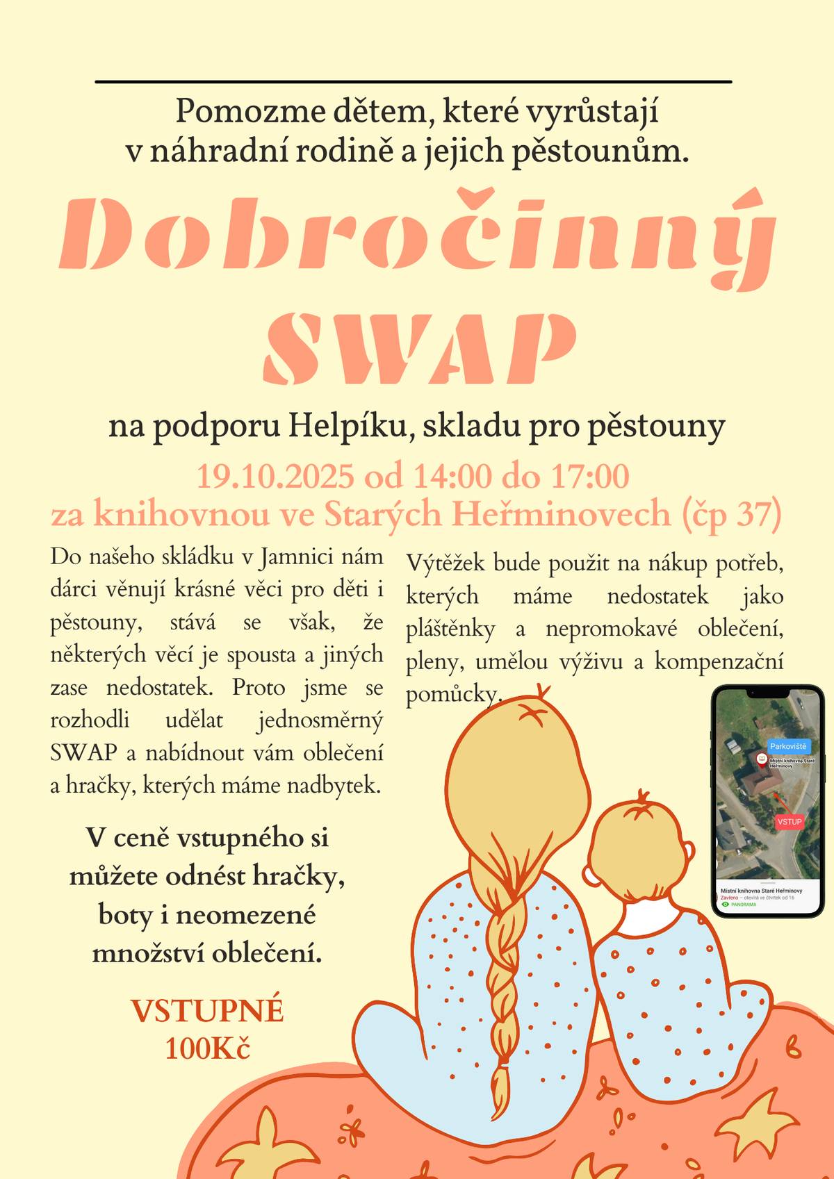 Pozvánka na dobročinný swap oblečení a hraček na podporu Helpíku, skladu pro pěstouny, který se bude konat v neděli 19.10. 2025 od 14 do 17 hod. v místnosti za knihovnou ve Starých Heřminovech č.p. 37.