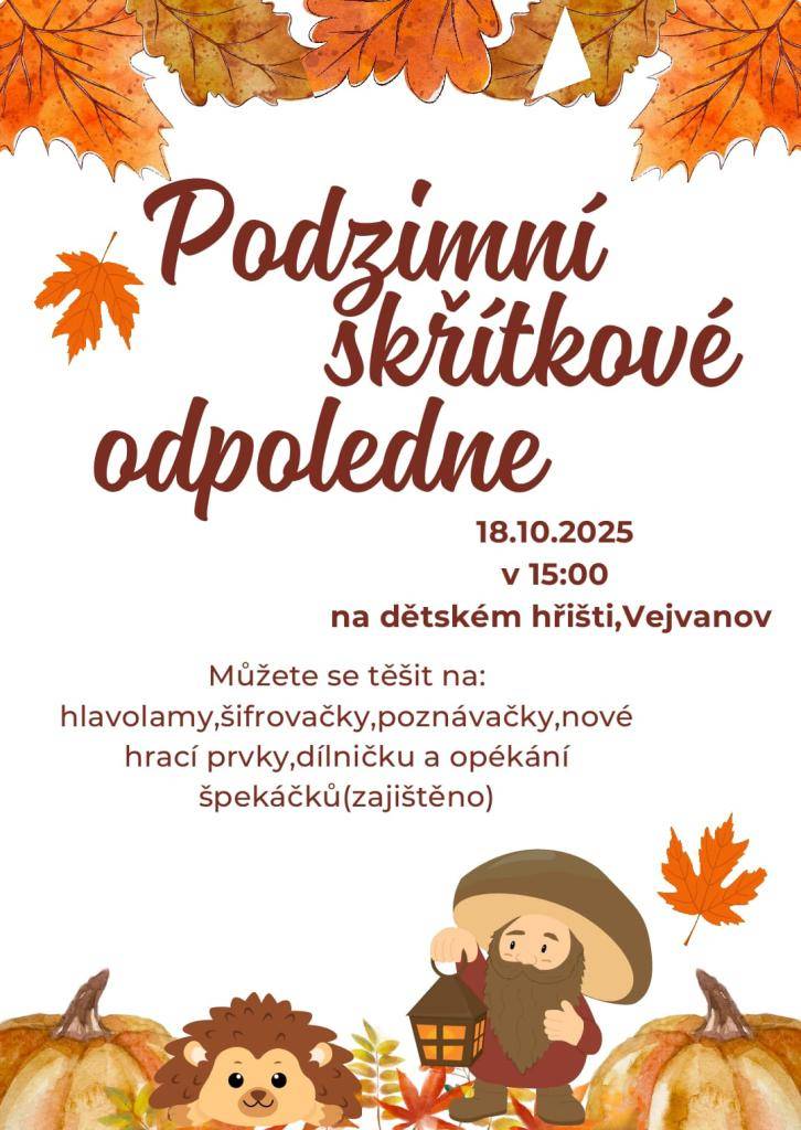 Podzimní skřítkové odpoledne 18.10.2025 v 15:00 na dětském hřišti Vejvanov.