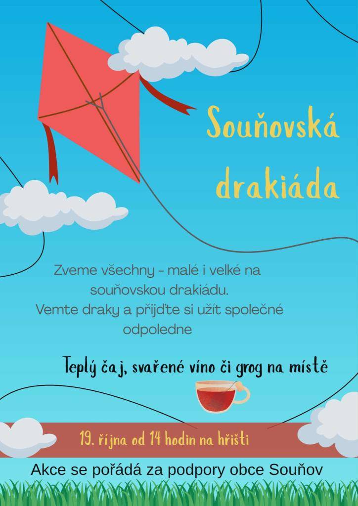 V neděli 19. října 2025 Vás zveme na drakiádu na hřišti v Souňově od 14. hodin.
