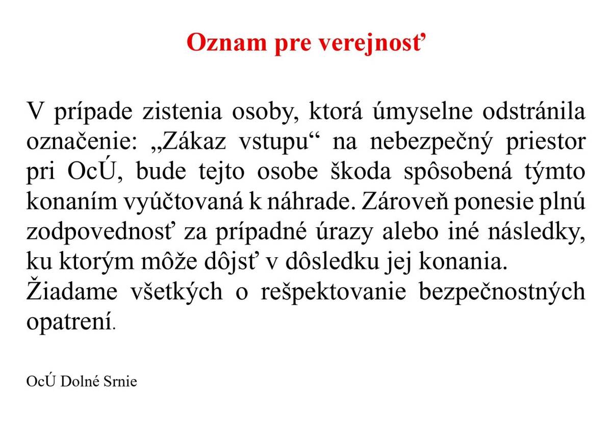 OZNAM PRE VEREJNOSŤ