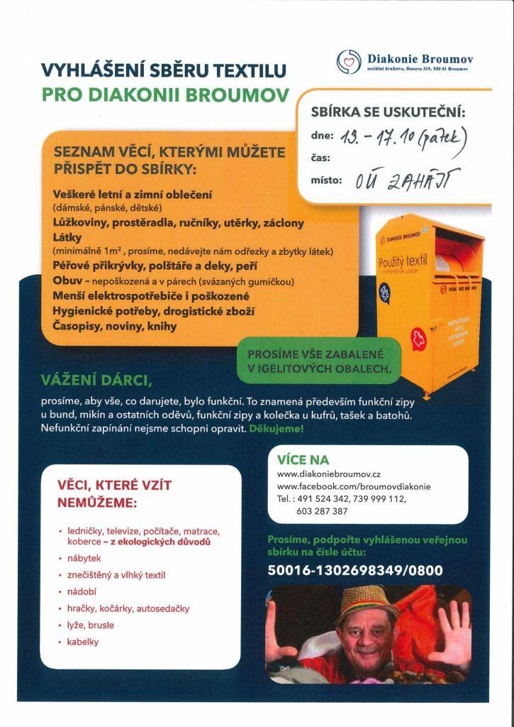 Použitelný a čistý textil noste v pytlích nebo jiných pevných obalech na OÚ do 17.10