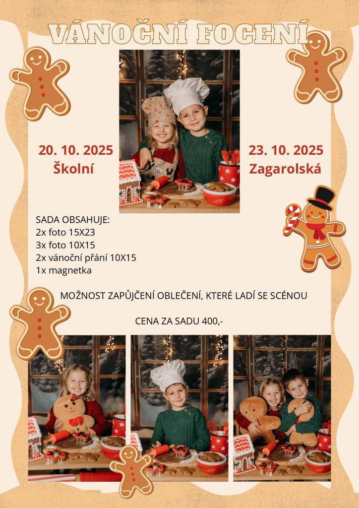 Ve dnech 20.10. a 23.10. bude ve školkách probíhat vánoční focení. Detaily naleznete v přiloženém letáčku.