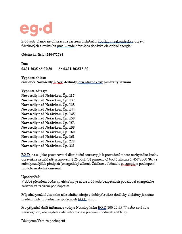 Přerušení dodávky elektrické energie - JEDNOTY